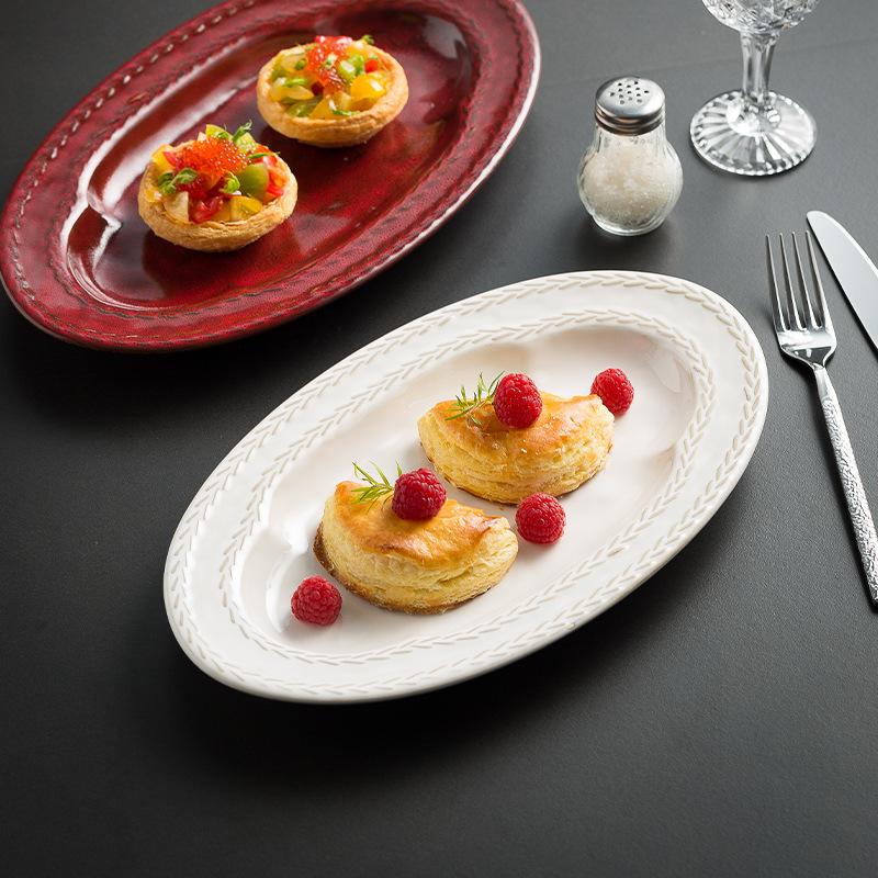 Wheat Ears Ceramic Fish Plate Oval Tomahawk Steak Plate High-End Restaurant Hotel Dish French Steamed Fish Plate Underglaze Color