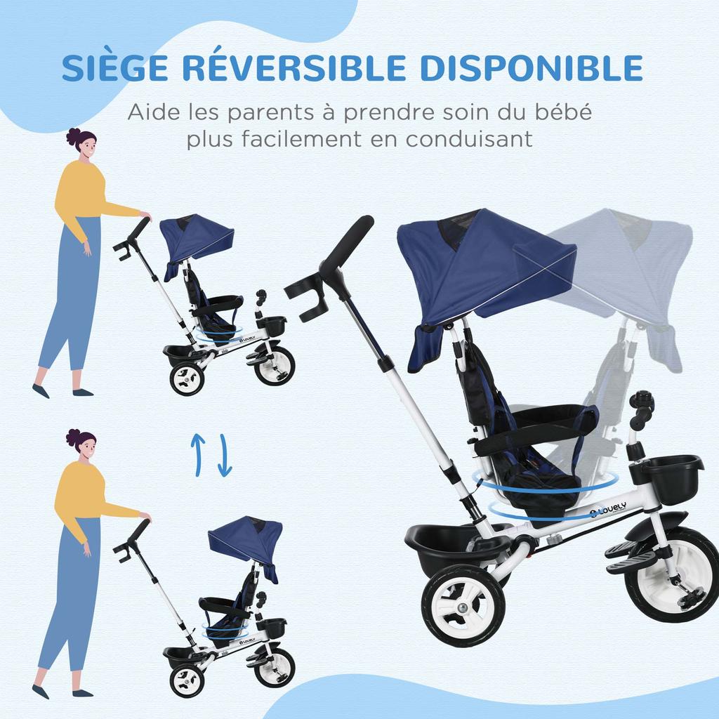 6-in-1 Children's Tricycle, Push Handle, Seat, Basket, Canopy, Safety Belt, 1-5 Years, Blue