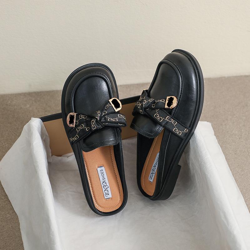 Spring New Women 'S Outdoor Slippers Black Mule British Style Fashion Bow Design Casual Loafers Muller Shoes Party And Work