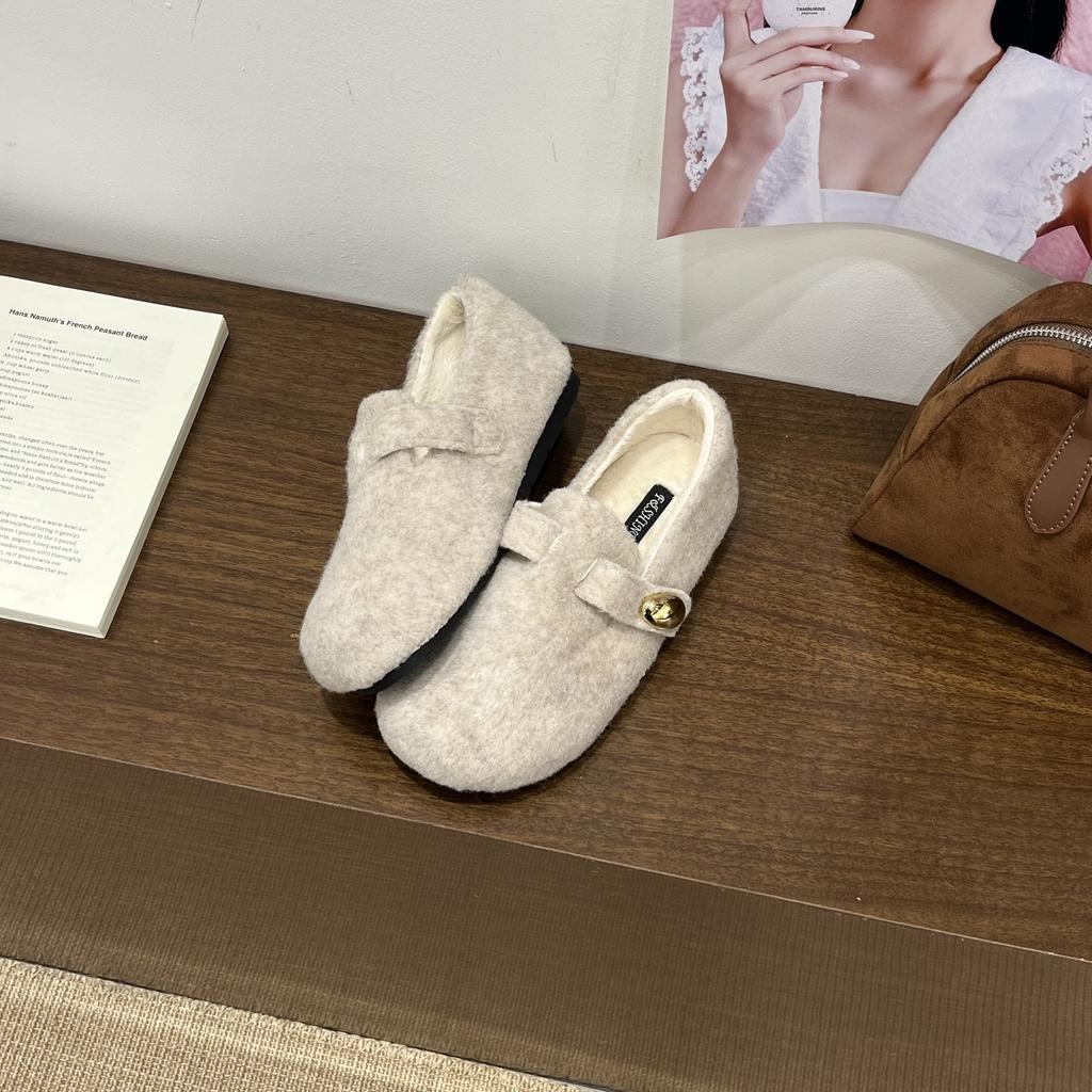 New round head one-word buckle with velvet warm thick-soled casual Boken retro women's single shoes