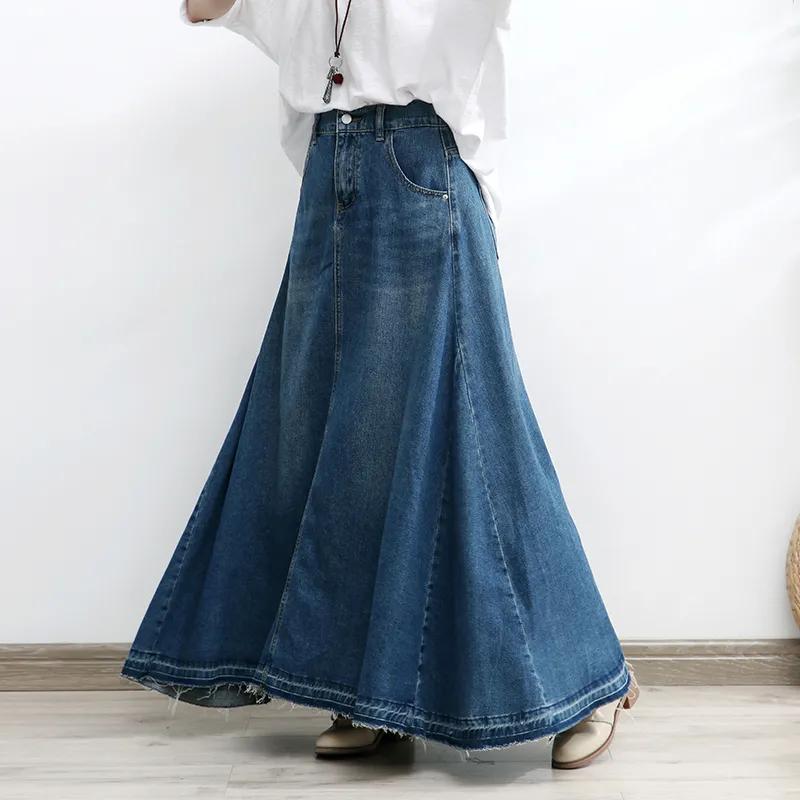 Plus Size Denim Lang Nederdel Dame Efterår Tynd Drapering Halvlængde A-form Paraply Nederdel Høj Talje