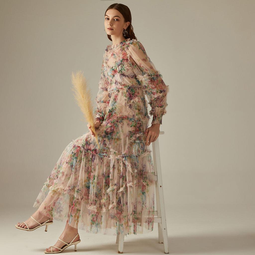 Floral Dress Spring and Autumn High-end Evening Dress French Dress Wedding Dress Women's Skirt