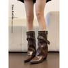 Cowhide Retro Thick Heel Knight Boots Women's Medium Boots Versatile Pointed Western Cowboy Boots Belt Buckle Trouser Boots