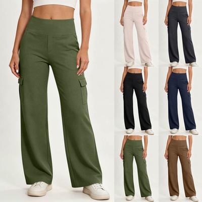 High Waist Stretch Cargo-Hosen für Damen Weiter Bein Yoga Arbeits-Hosen mit Taschen für Freizeit Business Reise Wear