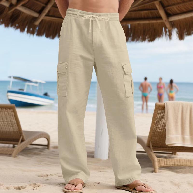 Men's Workwear Linen Trousers with Drawstring, Multiple Pockets, Straight Leg, Solid Colour, Breathable Outdoor Beach Casual Trousers