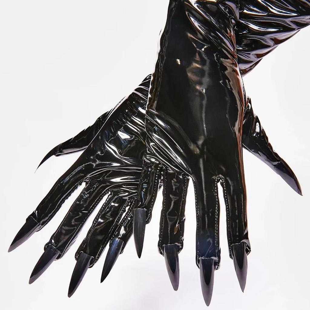 Fashionable Women's Patent Leather Gloves Glossy Long Nail Claw Witch Gloves for Roleplaying Game and Theme Occasion