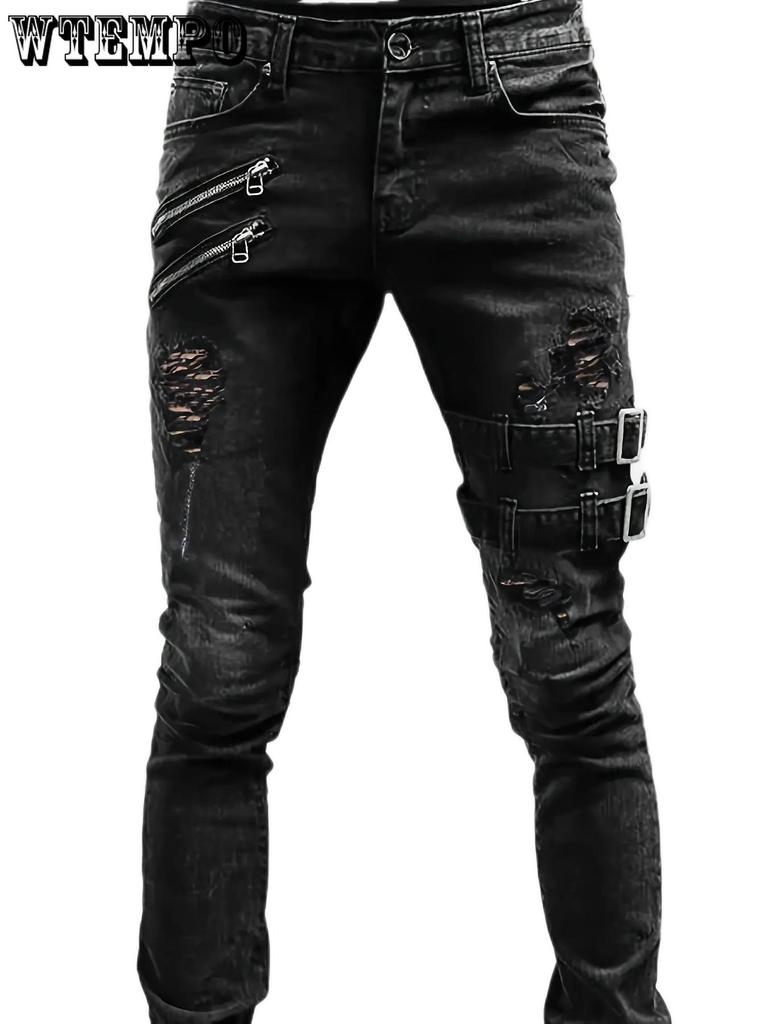 Men's Casual Skinny Biker Jeans, Chic Street Style Medium Stretch Denim Pants