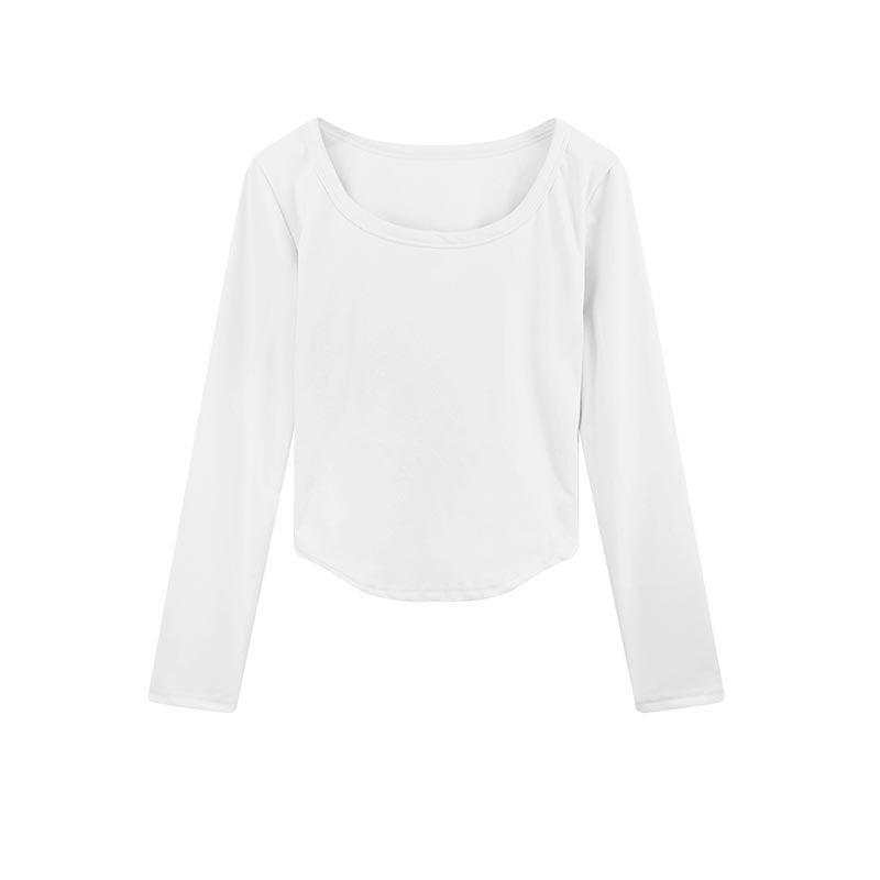 Women Solid Color U Neck Slim Cropped Long Sleeve Warm Fleece Base Layer Shirt