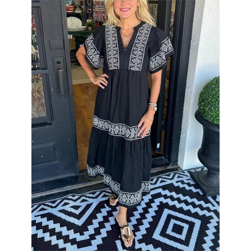Summer Fashion V-neck Printed Loose Dress