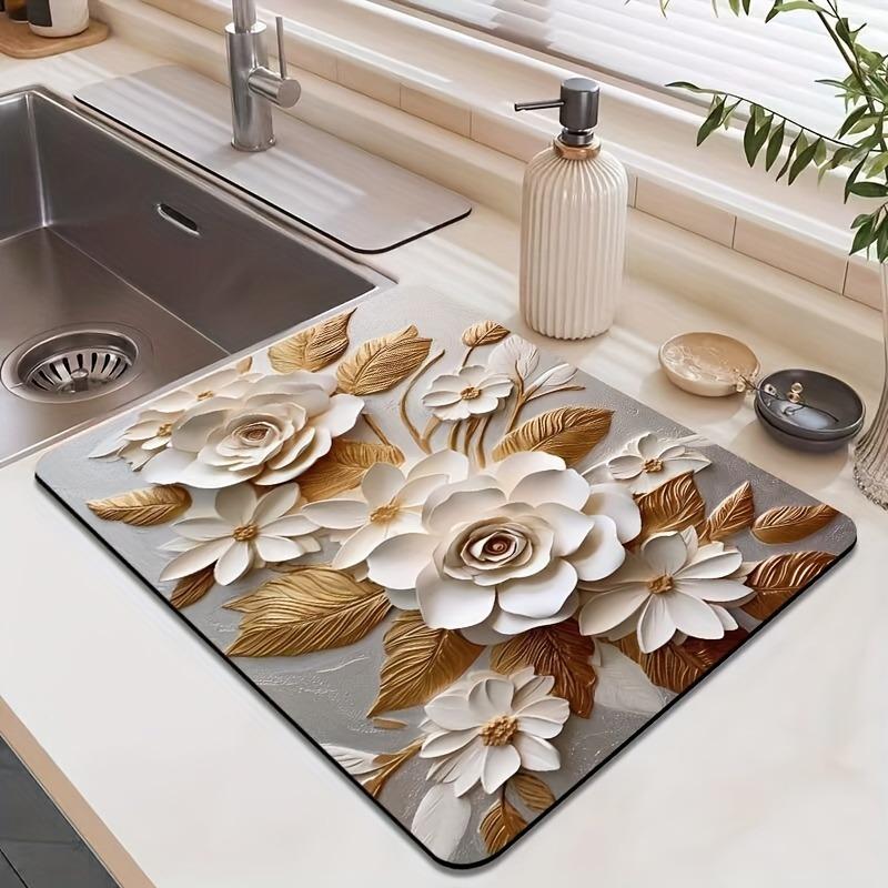 3D Pink Flower Dish Drying Mats Super Absorbent Diatom Mud Rug Home Coffee Table Decor Mat Kitchen Non Slip Tableware Drain Pad