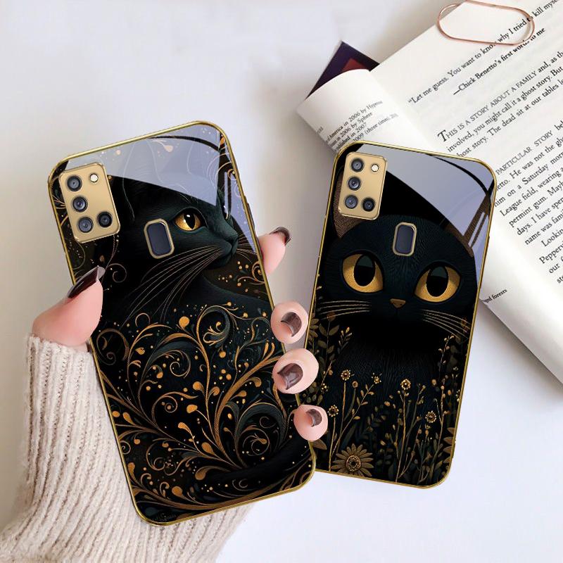 Fantastic Black Cat For Samsung A 31 32 A33 A34 35 14 A15 13 A16 25 26 50 52 53 54 55 56 70 71 72 73 Golden glass phone case
