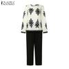 ZANZEA Women Long Sleeve Print Blouse and Pants Casual Two Piece Suit Sets