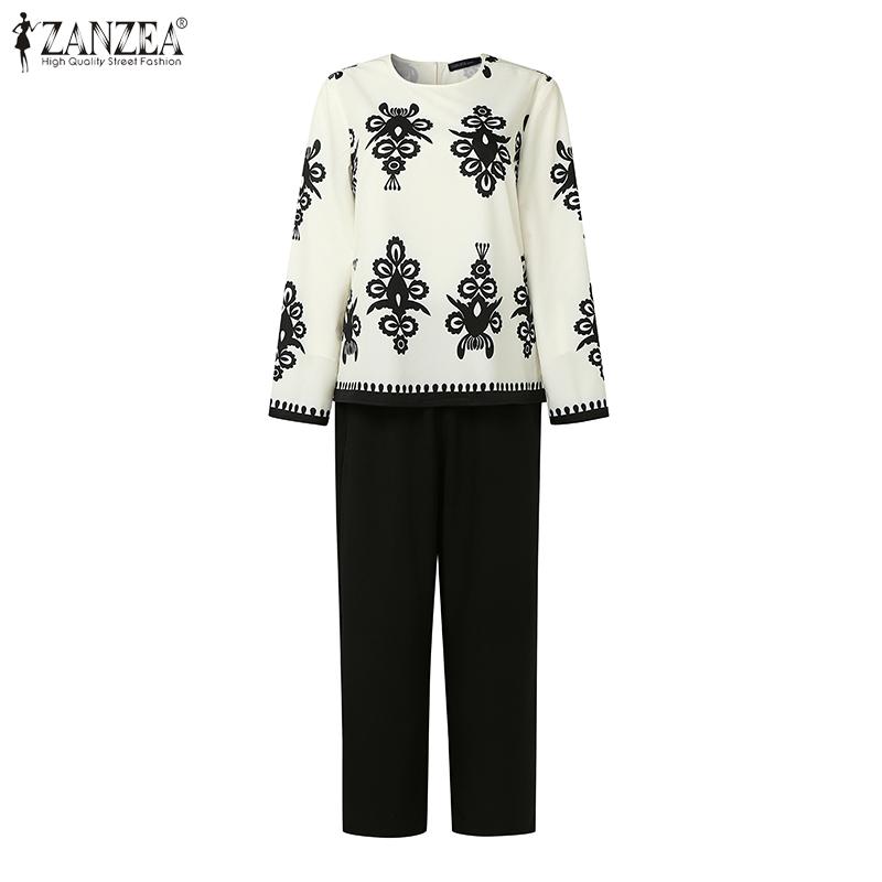 ZANZEA Women Long Sleeve Print Blouse and Pants Casual Two Piece Suit Sets