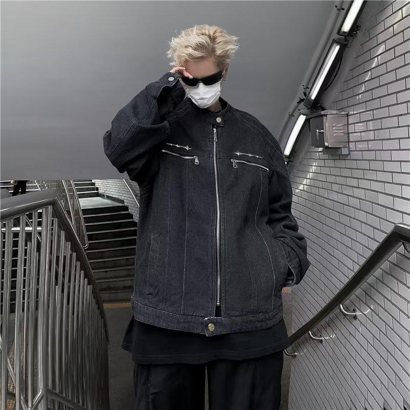 2023 Men's Trendy Vintage Denim Jacket: High Street Short Design, Stand Collar, Zipper, and Shoulder Pads for Autumn