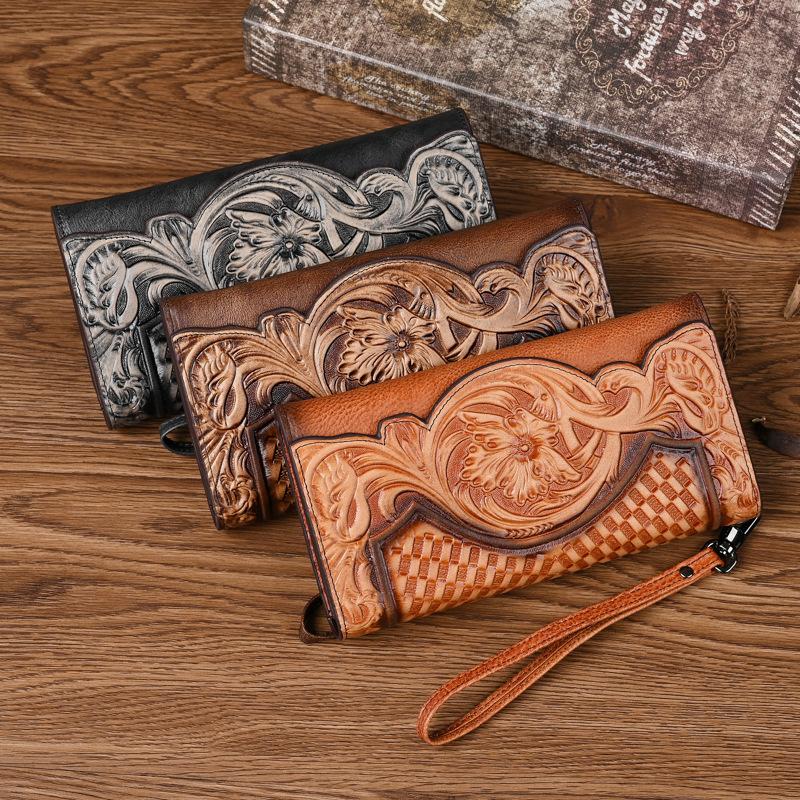 Chinese Style Leather Wallet for Women,Grain Cowhide Long Zip Around Wallet Large Capacity Tri-Fold Clutch Vintage Purse