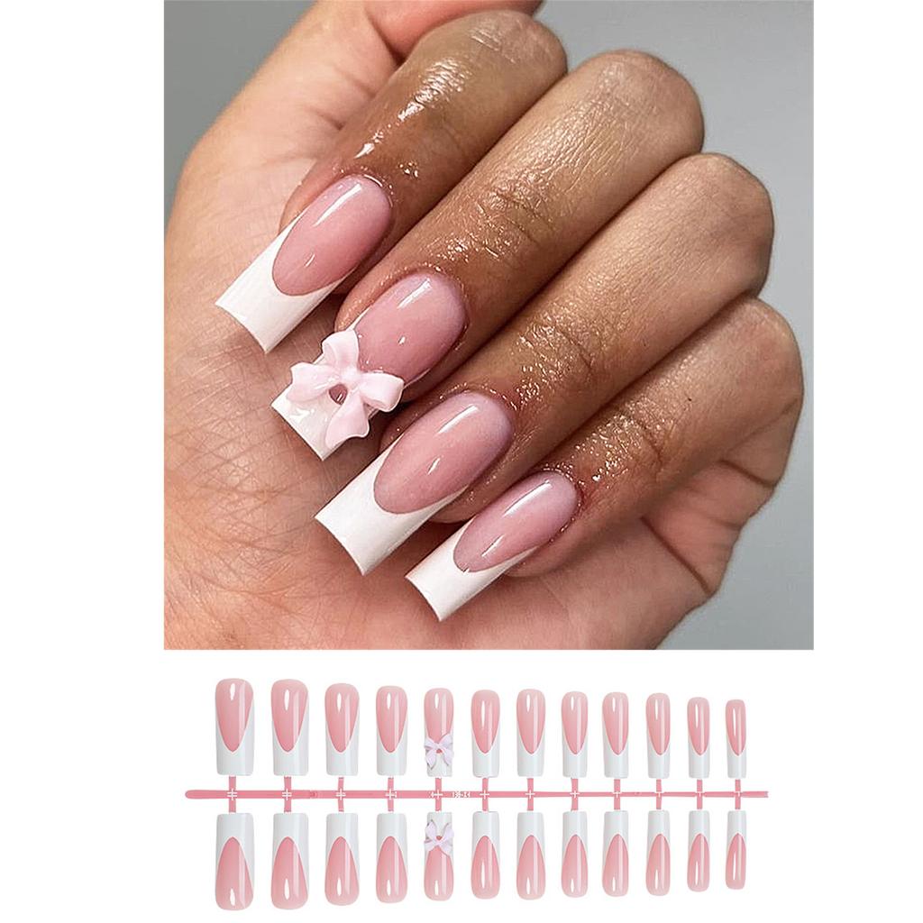 24 Pcs 3D Bowknot False Nails French Style False Nails Full Cover Stick On Nails Press On Nails for Women and Girls
