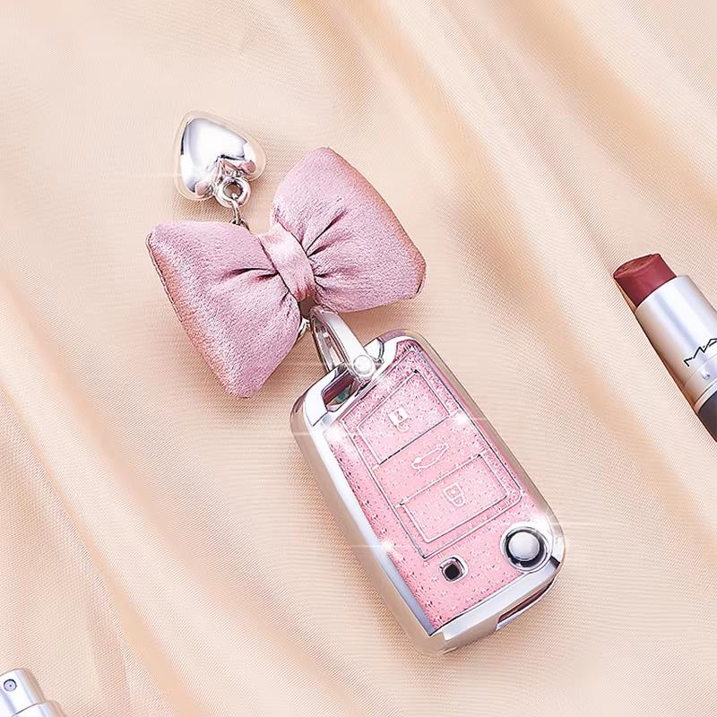 Pink Diamond For Vw Golf 7 Mk 7 Skoda Octavia Seat Leon Ateca Flip Folding Remote Car Key Case Cover Fob Keychain Accessories