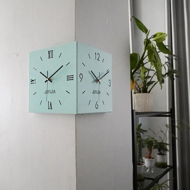 Nordic Wall Clock Lights Corner Double Sided Wall Clocks Square Living Room Clock Roman Minimalist Design Clocks Modern Stylish