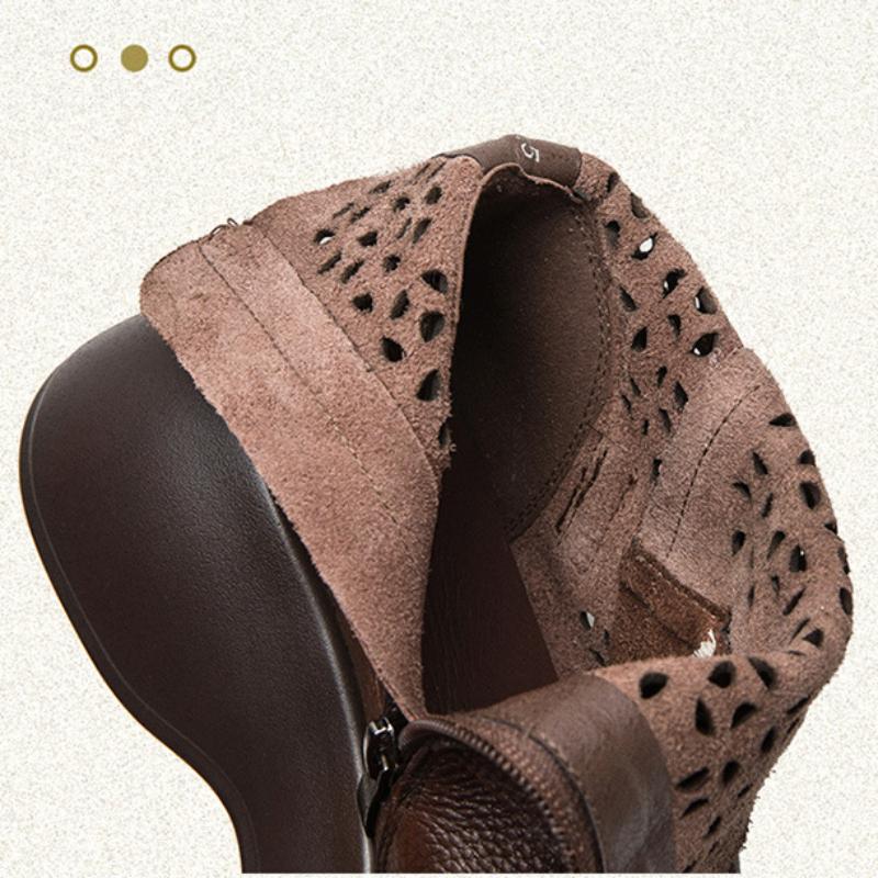 Johnature Breathable Hollow-out Boots Genuine Leather Lightweight Platform Sandals Thick Sole Women's Shoes