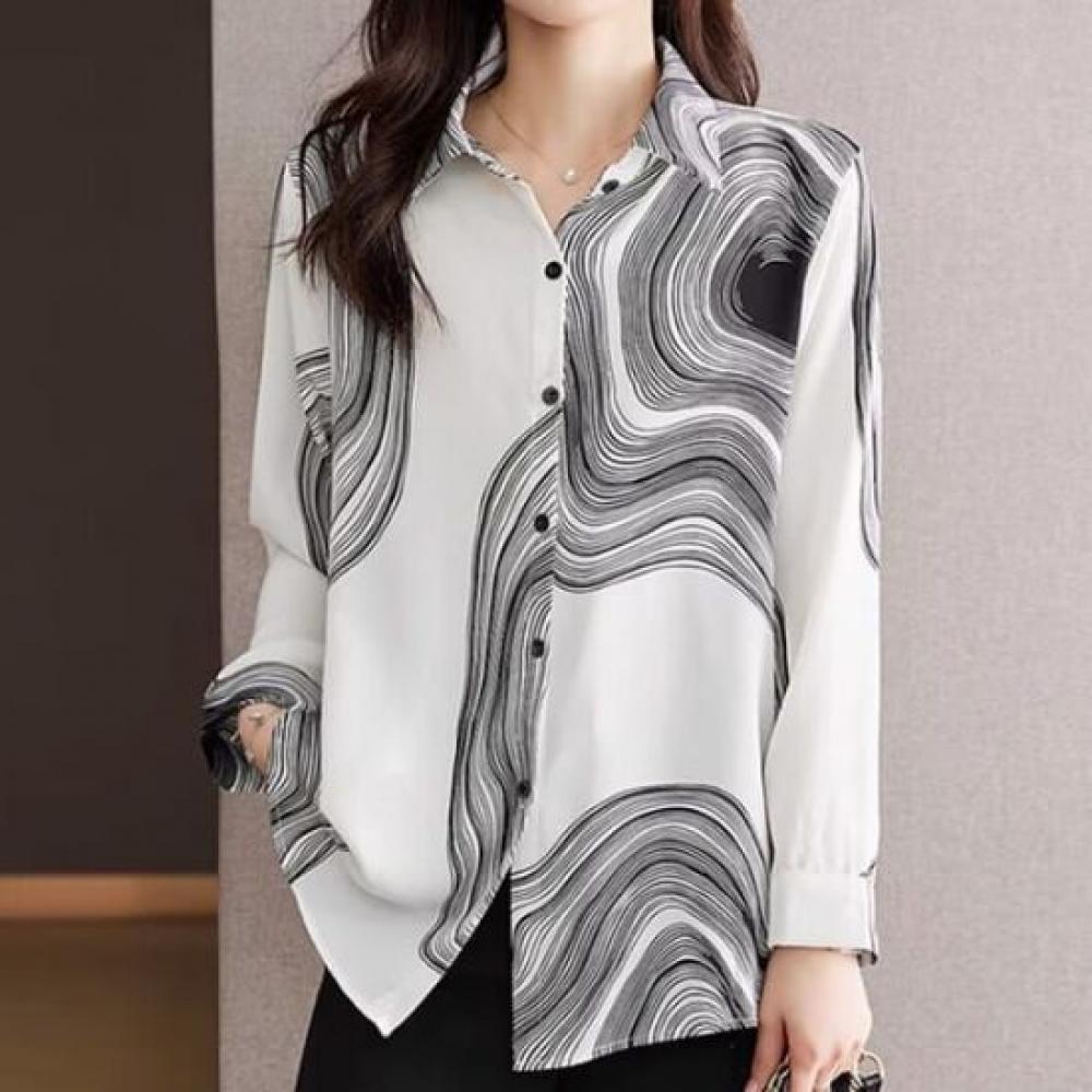 Navava Women S Elegant Print Point Long Sleeve Collar Shirt Nb3000
