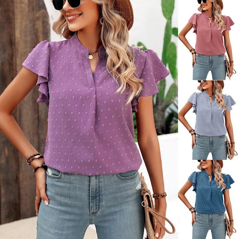 2023 Blusas Casual Kurzarm Chiffon Bluse Mode Sommer Tops Streetwear V-ausschnitt Weiß Shirts Frauen Kleidung Elegante 25464