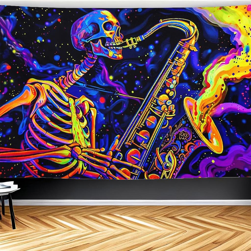 CJSLIFEART Blacklight Skull Tapestry Percussion Small Concert Fluorescent Starry Sky Bedroom Tapestry Background Wall Decoration