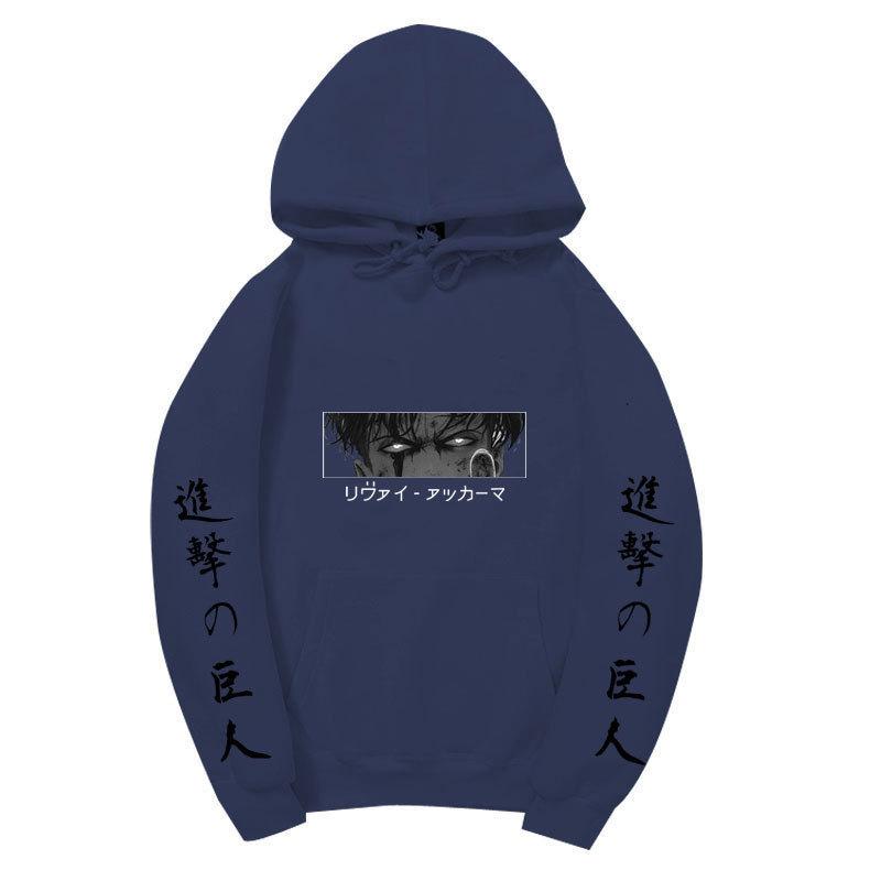 Anime Attack On Titan Levi Ackerman Hoodie, Double Sleeve Japanese Text Print Pullover Sweatshirt Long Sleeve Streetwear for Men Women