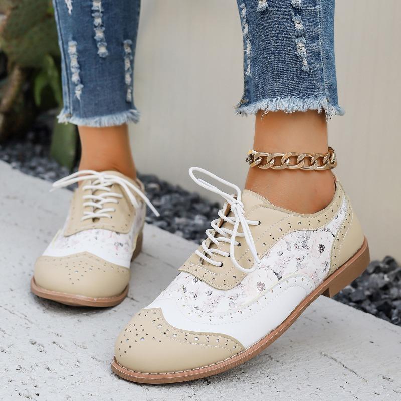 Spring and Autumn Flat-bottomed Brock Single Shoes Women's Color Matching Lace-up Round Head Casual Women's Shoes