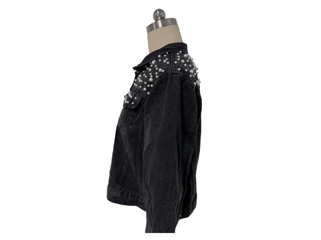 2025 Oversizowana damska kurtka dżinsowa z haftowanymi perłowymi koralikami