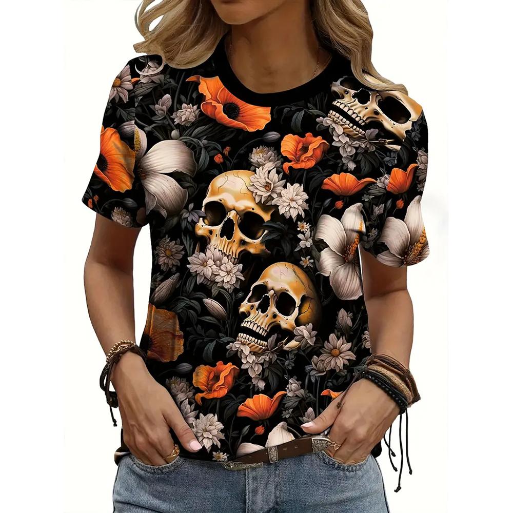 Summer Fashion Short Sleeve Tops Casual 3d Skull Printed T-shirts Female Clothing O-Neck Streetwear Tees & Blouses Oversized