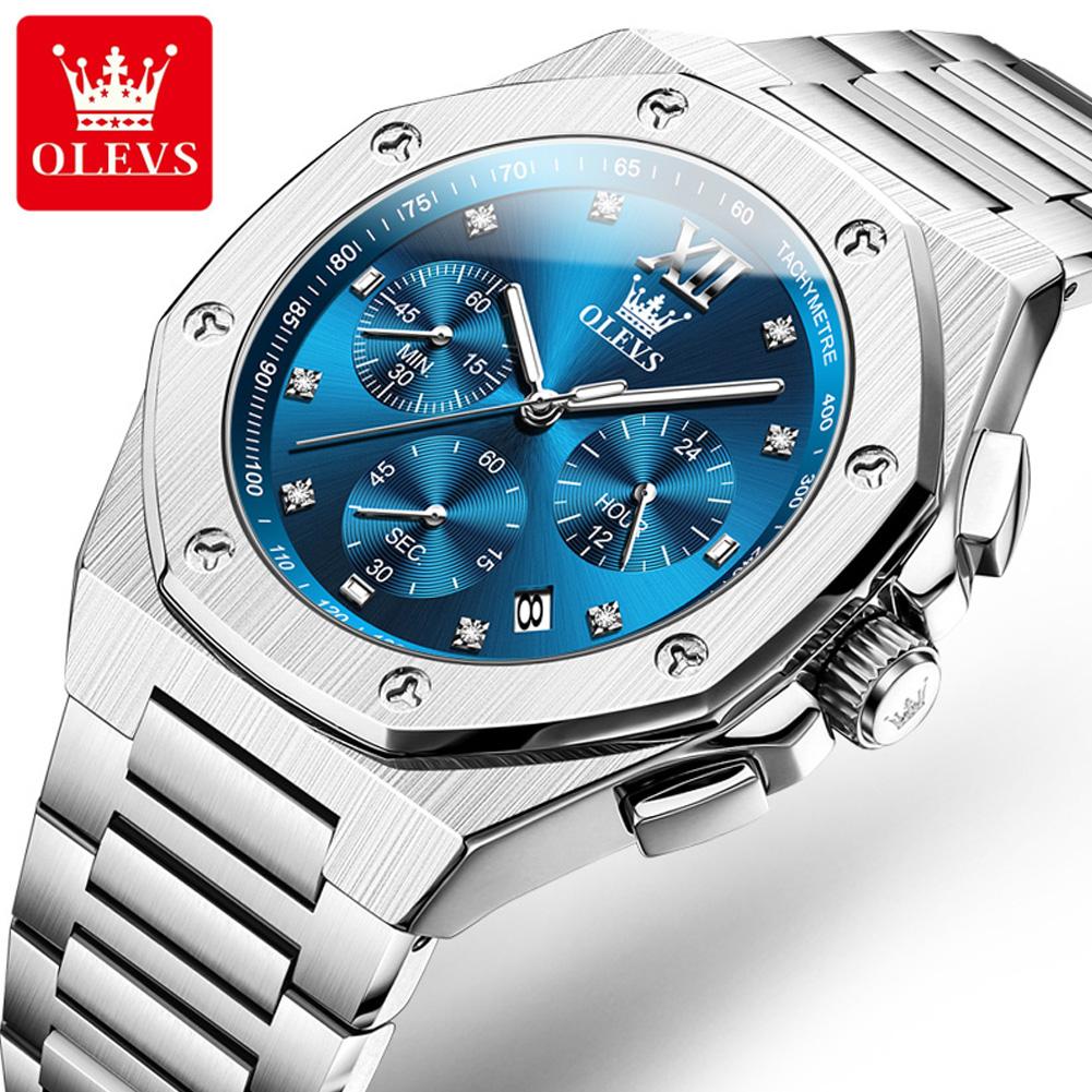 OLEVS Silver Blue Chronograph Men's Watches Fashion Quartz Watch Man Waterproof Luminous Date Stainless Steel Wristwatch