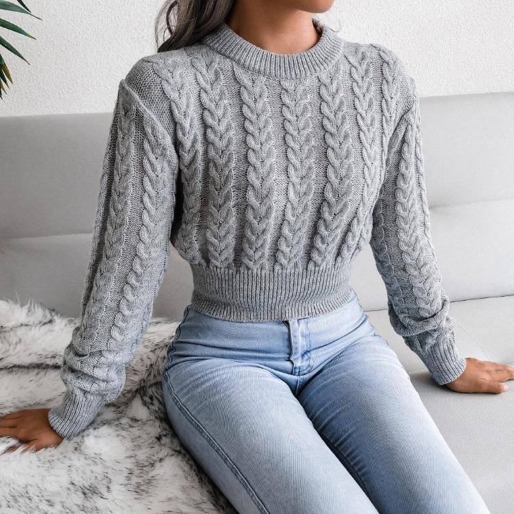 Knit Sweater Women Autumn Winter Long Sleeve Twist Neck S-XXL Crop S серый 1690₽