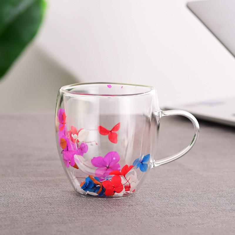 250ml Double Wall Coffee Mug Flower Filler Glass Cups Tea Coffee Cup With Handles Heat Resistant Mug Gift
