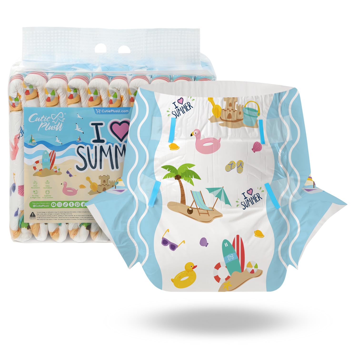 

CutiePlusU Набор образцов подгузников для взрослых Унисекс трусы от недержания с максимальной ночной впитываемостью I Love Summer 10, этикетки, - (M, 71-96см)