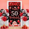 Red 50th Birthday Party Decorations for Women Men Red Black Balloons Banner Supplies Happy 50th Birthday Door Cover Banner and 18pcs Latex Balloons