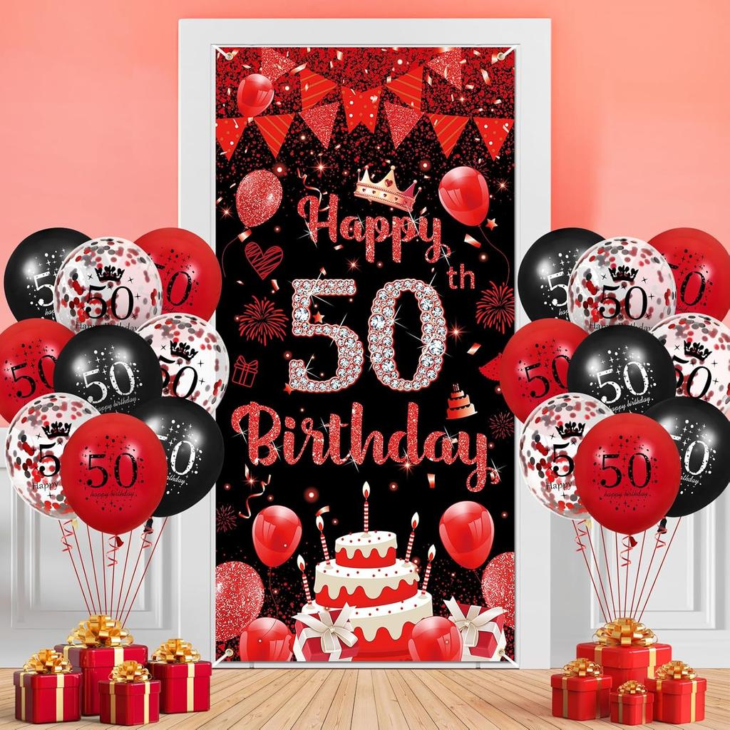 Red 50th Birthday Party Decorations for Women Men Red Black Balloons Banner Supplies Happy 50th Birthday Door Cover Banner and 18pcs Latex Balloons