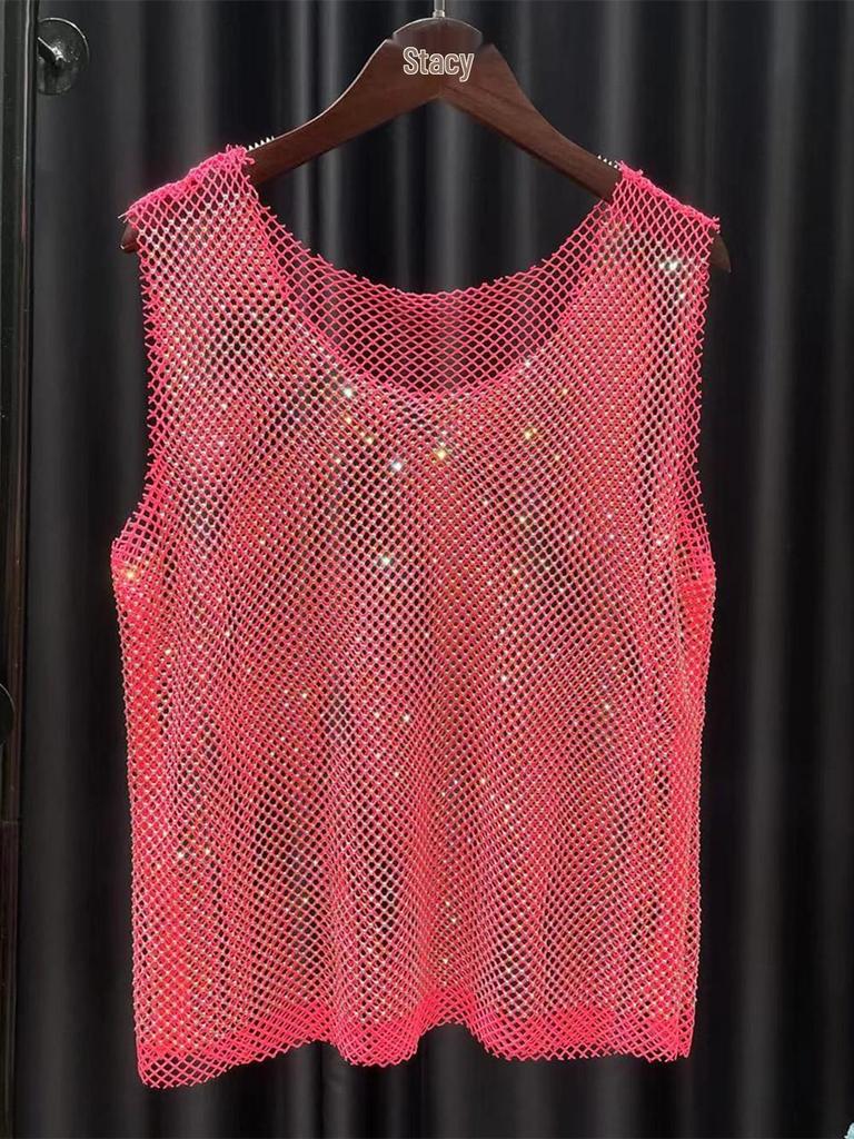 Summer Rhinestone Mesh Bralette Tank Top