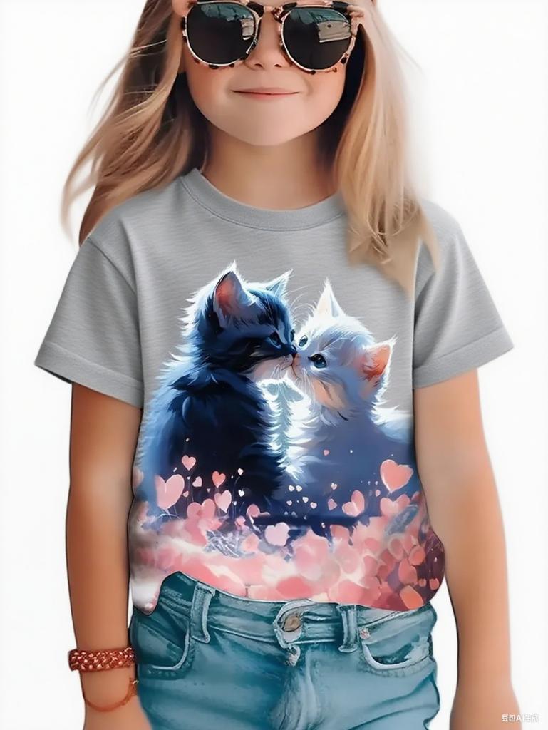 Funny Cat Girl T-Shirt Summer Cartoon Graphic Girl Short Sleeve Tee Casual Round Neck Top Animal Kids Clothing Girl Clothes