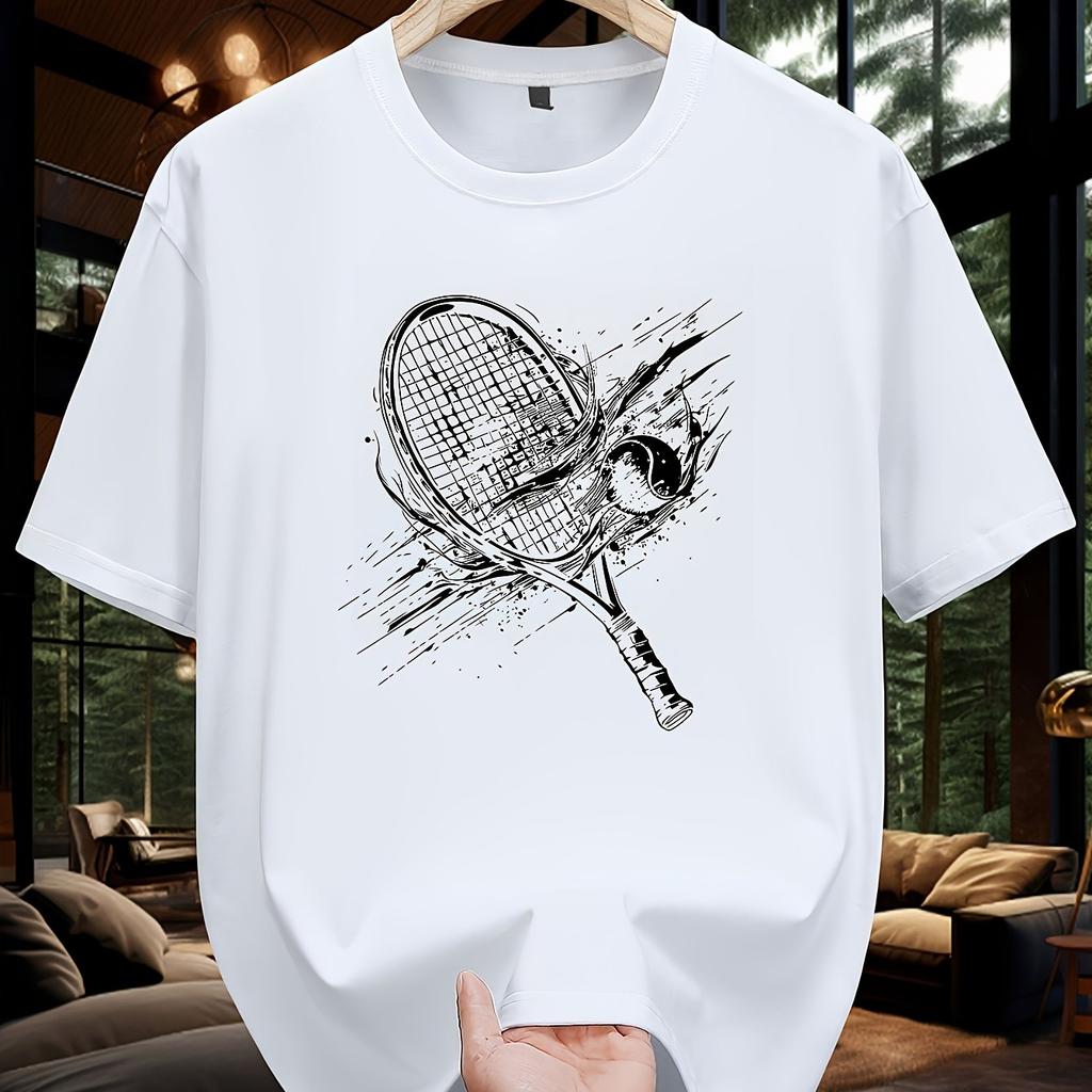 Men Short-sleeved T-shirt Regular Fit Printed with Tennis Racket Fashionable Casual Round-neck Top Men's Clothing