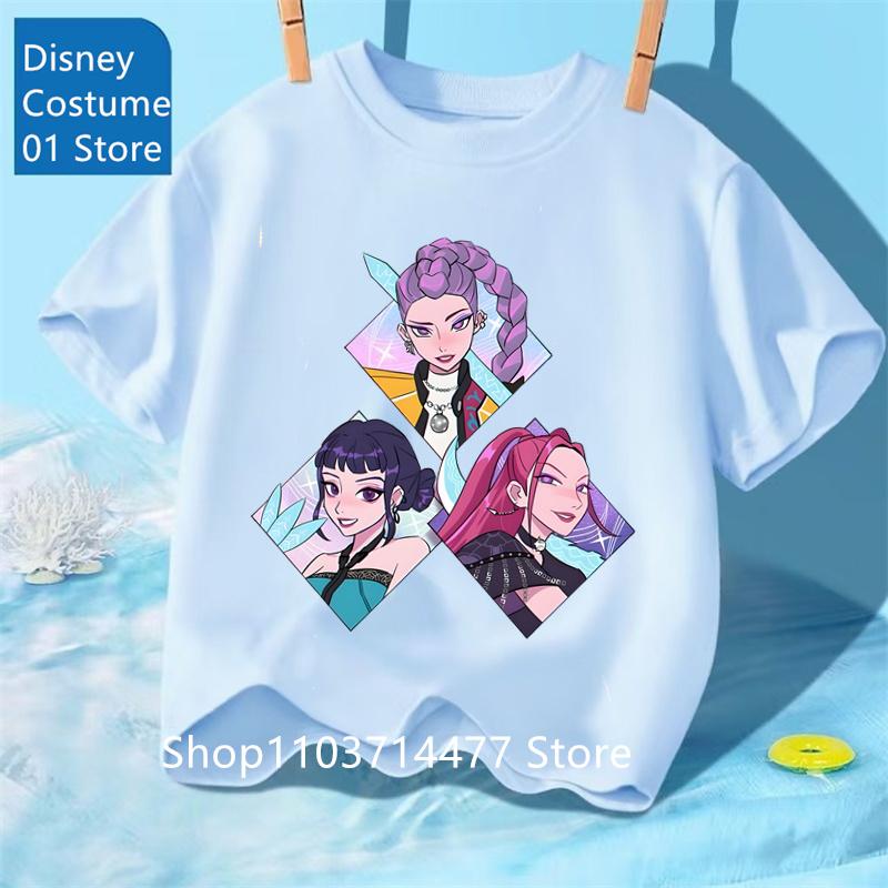 

Детская футболка KPop Demon Hunters 2025 Movie с круглым вырезом, мультяшная, для девочек и мальчиков, повседневная, с детским принтом, модная, повседневная одежда для девочек 120