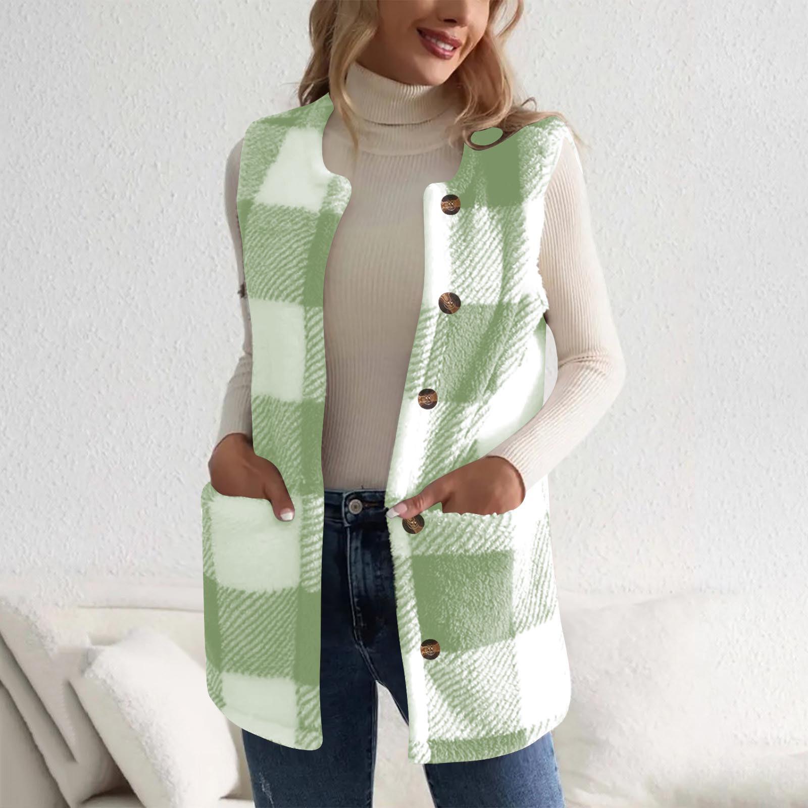 

Fashionable Women s Plaid Print Double-Sided Plush Button Pocket Cardigan Casual Female Vest M зелений