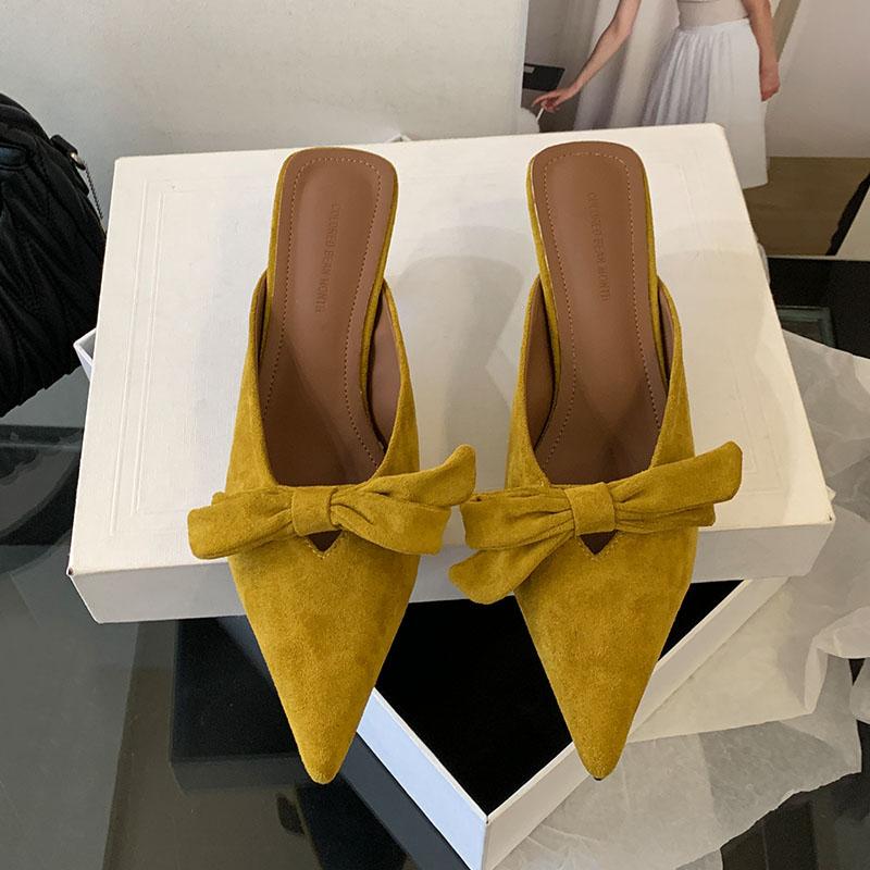 Fashion Footwear Shallow Ladies Heels Pumps Slides Butterfly-Knot Female Fashion Pointed Toe Elegant Women Heeled Sandals Shoes Mules