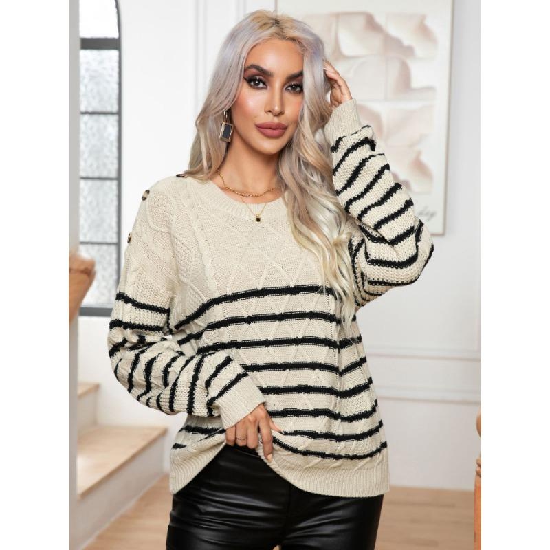 Autumn and Winter Women's Sweater Striped Button Twisted Twist Vintage Long Sleeve Knitwear Pullover Sweater