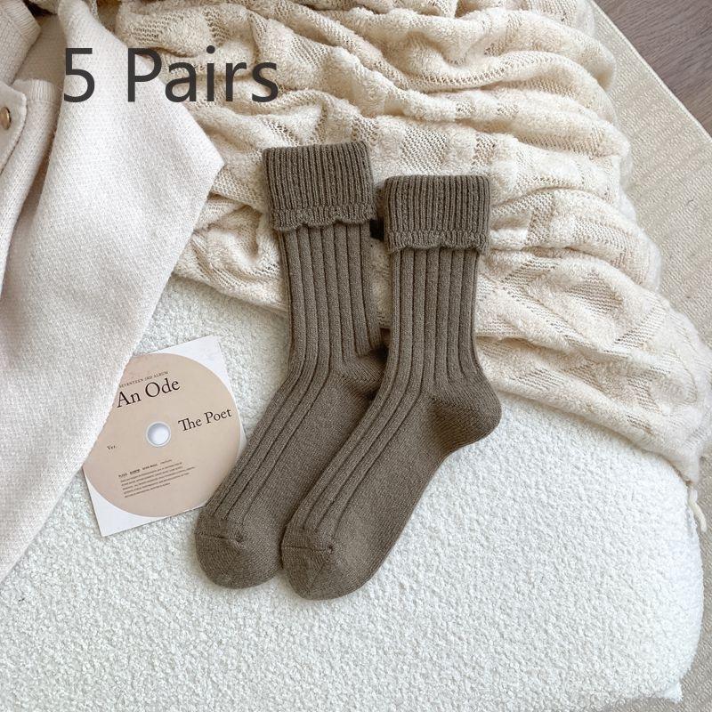 5 Pairs of Thick Woolen Socks for Women, Winter Warmth, Solid Color Long Tube Pile Socks, Warm Fleece Women's Socks