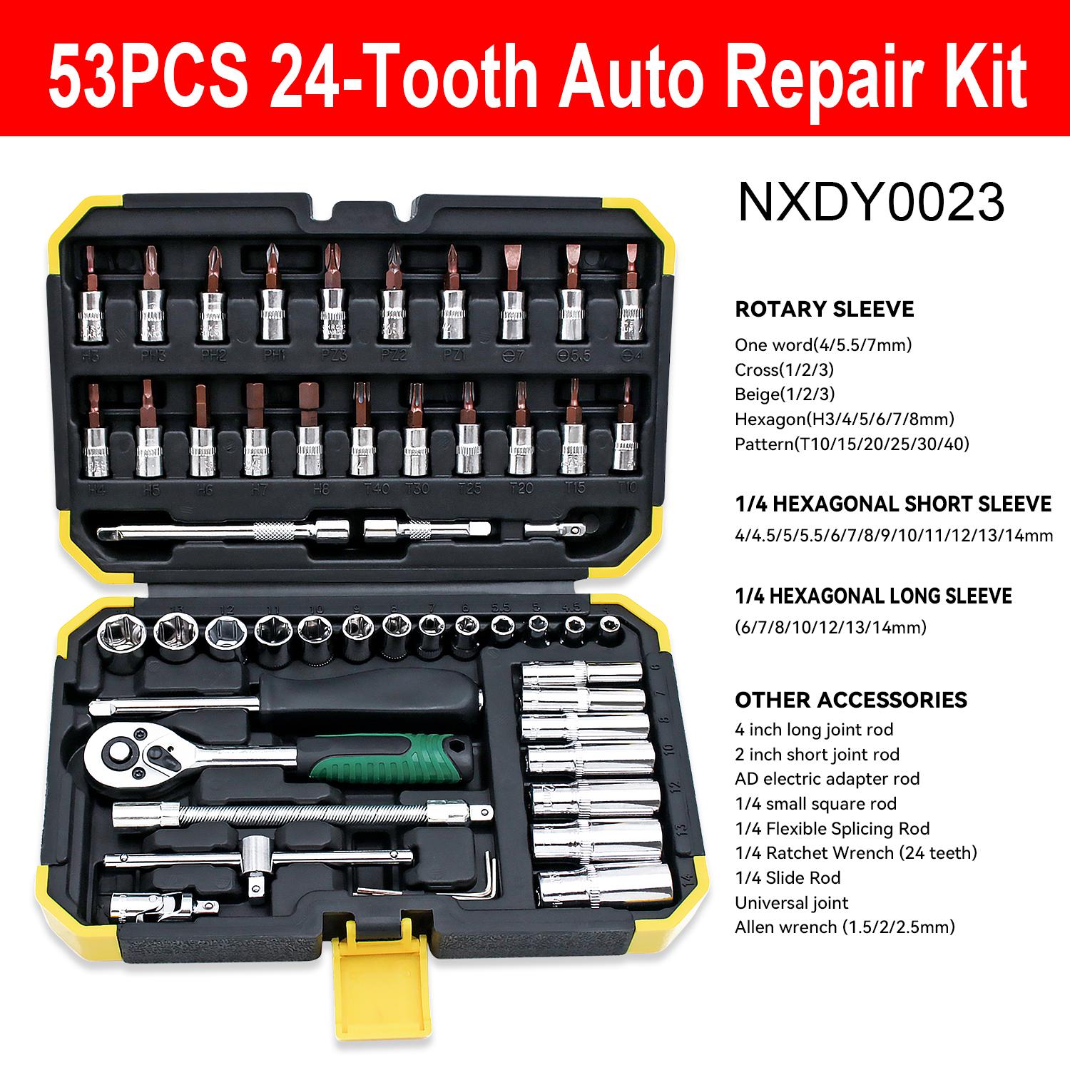 

Socket Wrench Set 1/4 24/72 Tooth Ratcheting Wrench Set with Extension Bar for Auto Repairing and Household, with Storage Case