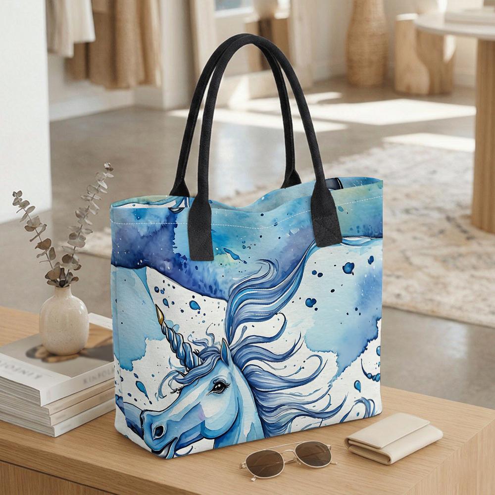 Watercolor Unicorn Stylish Canvas Tote Bag for Daily Shopping Commute Portable Durable Shoulder Bag for Girls Women