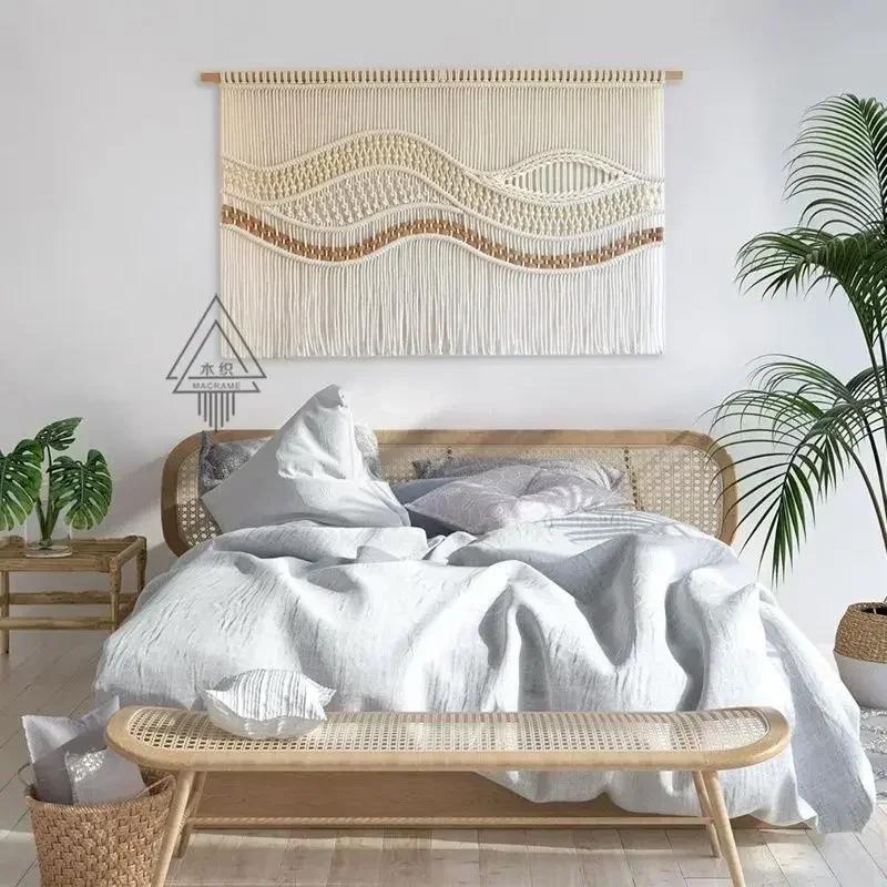 Living Room Sofa Bedside Decorative Tapestry Handwoven Wooden Bead Wave Wall Decoration Room Partition Blocking Door Curtain