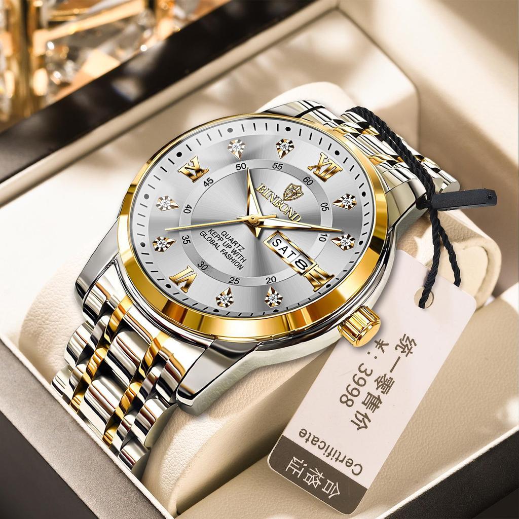 Binbang Men's Waterproof Quartz Watch with Luminous Dial, Rhinestone Accents, Dual Calendar, and Steel Strap.