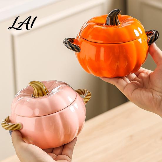 Handled Soup Bowl with Lid Pumpkin And Double Handle Microwave Safe Decorative Practical Kitchen Gift for Home Ceramic Bowl Heat Resistant Pot Stews