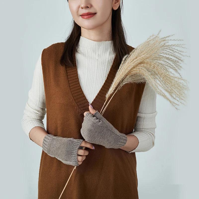 Women's Winter Wool Knitted Fingerless Gloves Cashmere Short Half Finger Wrist Warmers Stretchy Hand Protection Mitten for Girls